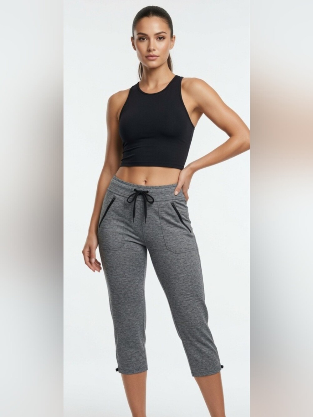 Women's Tek Gear Heather Gray Pull-On Activewear Capri Pants( Size : Medium)